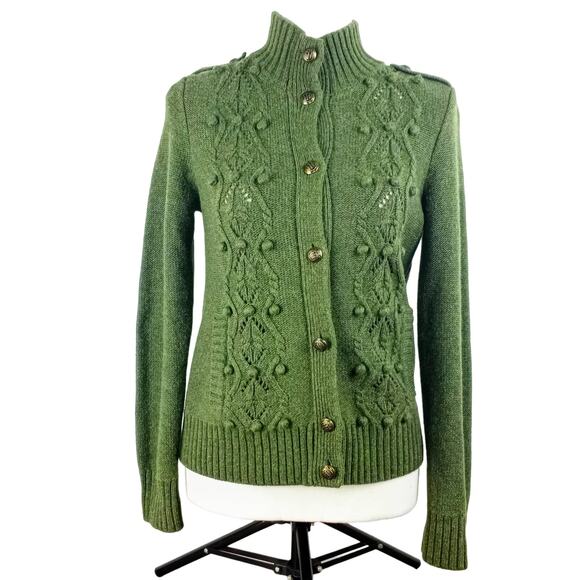 Talbots Military Style Knit Cardigan Olive Green SP Long Sleeve Aglets - Picture 1 of 13